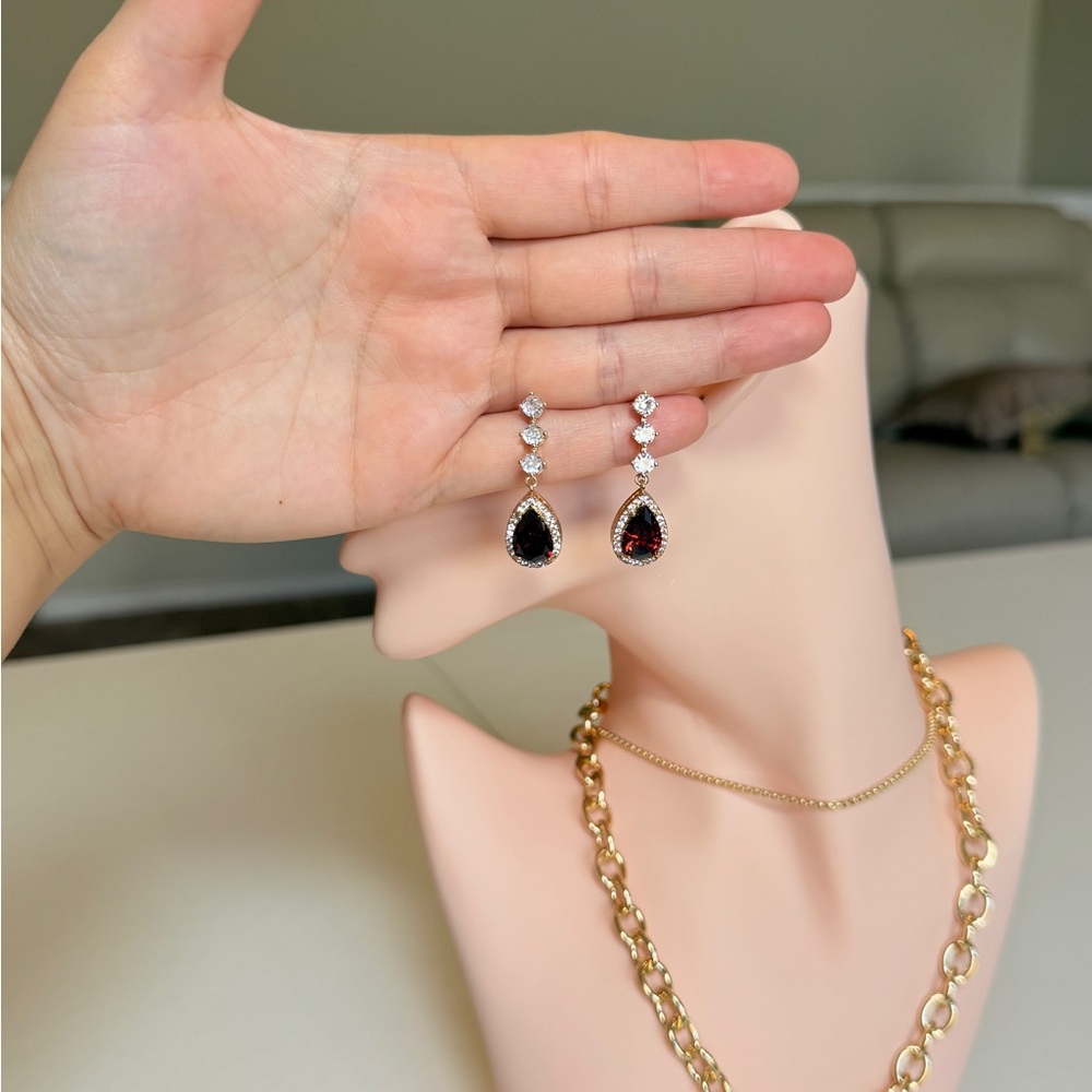 Elegant Gold Drop Earrings with Garnet Red Teardrop Zirconia - Picture 14 of 15